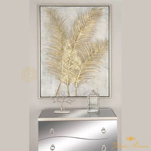 Cargar imagen en el visor de la galería, Pintura acrílica de hojas de palmera de hoja metálica estilo glam en marco rectangular de madera metálizada