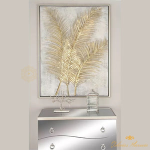 Pintura acrílica de hojas de palmera de hoja metálica estilo glam en marco rectangular de madera metálizada