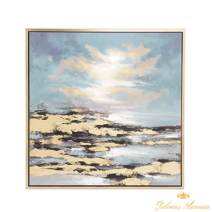 Cuadro de pintura  tema sol de playa, enmarcado.